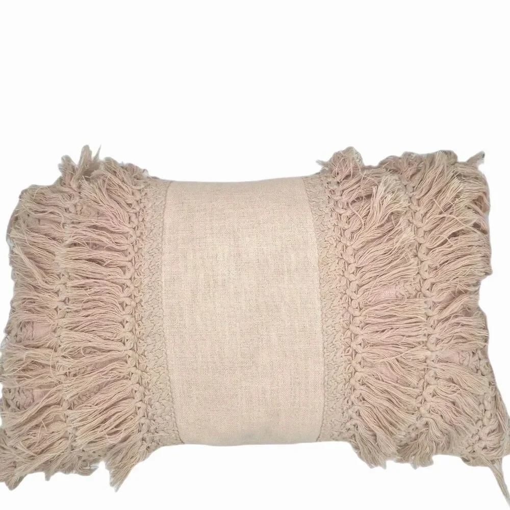 Macrame Fringe Blush Pink Decorative Oblong Throw Pillow 10x18
